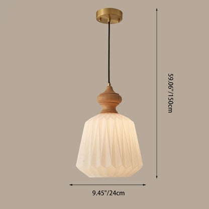 Contemporary Retro Walnut Brass Glass Origami Texture Lantern 1-Light Pendant Light For Dining Room