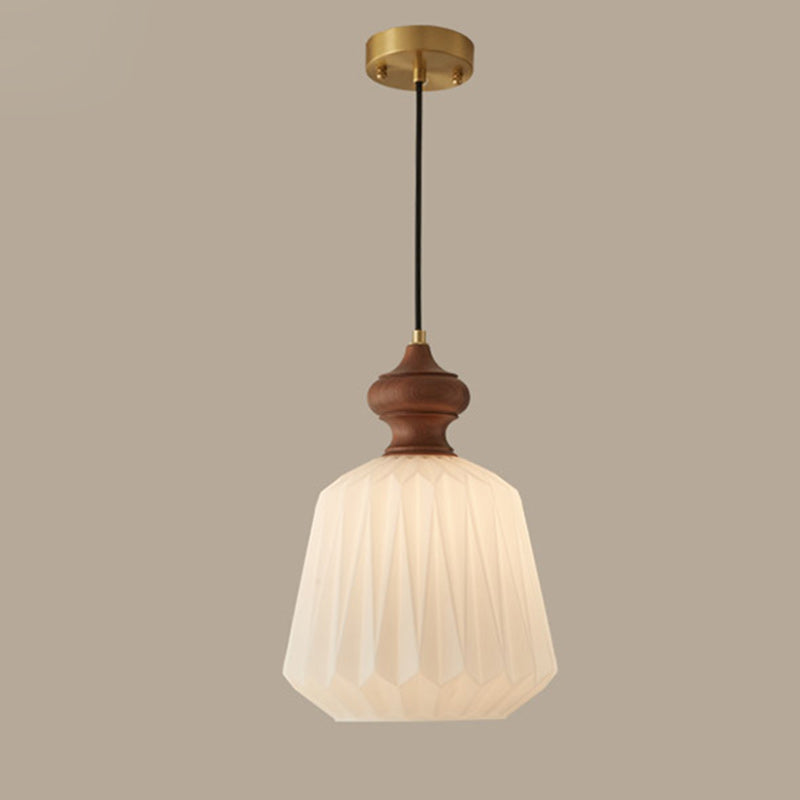 Contemporary Retro Walnut Brass Glass Origami Texture Lantern 1-Light Pendant Light For Dining Room