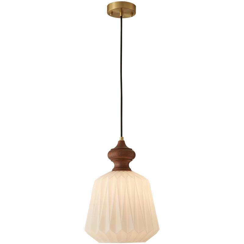Contemporary Retro Walnut Brass Glass Origami Texture Lantern 1-Light Pendant Light For Dining Room