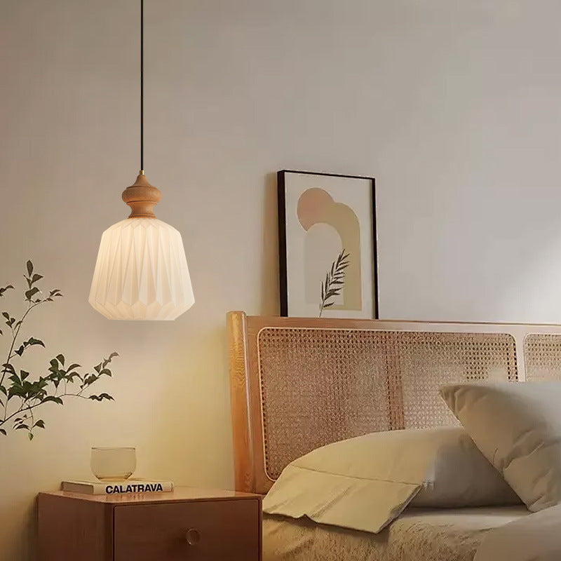 Contemporary Retro Walnut Brass Glass Origami Texture Lantern 1-Light Pendant Light For Dining Room