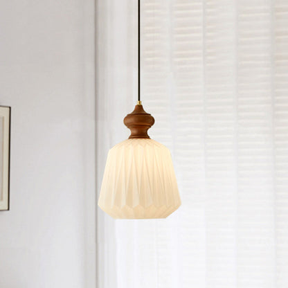 Contemporary Retro Walnut Brass Glass Origami Texture Lantern 1-Light Pendant Light For Dining Room