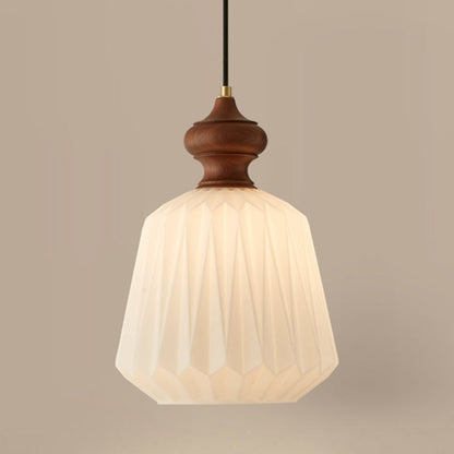 Contemporary Retro Walnut Brass Glass Origami Texture Lantern 1-Light Pendant Light For Dining Room