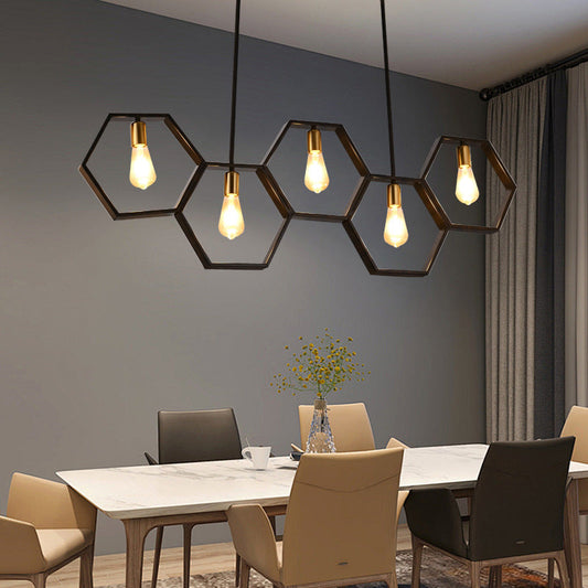 Contemporary Industrial Iron Twine Hexagon 5-Light Chandeliers For Dining Room