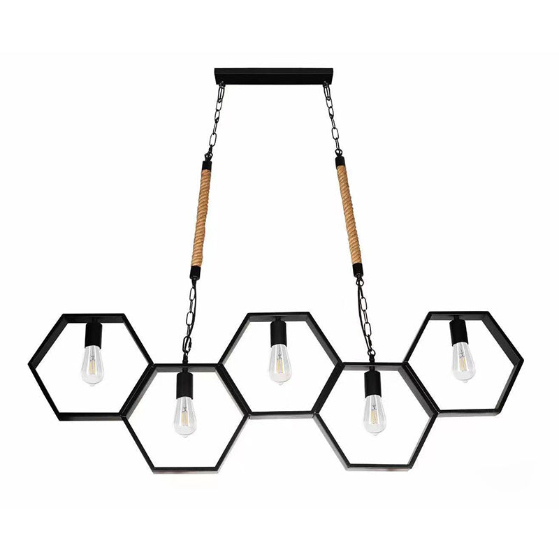 Contemporary Industrial Iron Twine Hexagon 5-Light Chandeliers For Dining Room