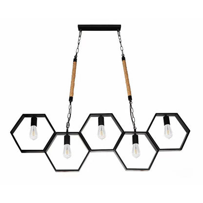 Contemporary Industrial Iron Twine Hexagon 5-Light Chandeliers For Dining Room