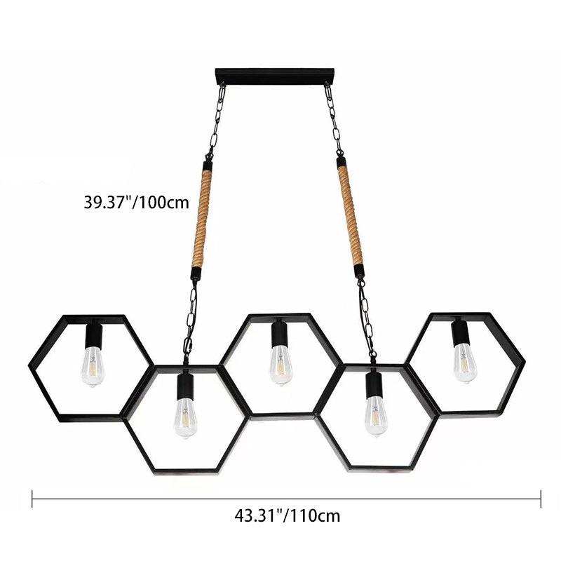 Contemporary Industrial Iron Twine Hexagon 5-Light Chandeliers For Dining Room
