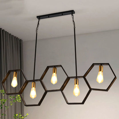 Contemporary Industrial Iron Twine Hexagon 5-Light Chandeliers For Dining Room