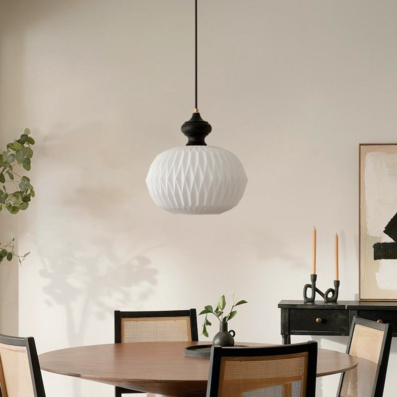Contemporary Retro Walnut Brass Glass Round Lantern Origami Texture 1-Light Pendant Light For Dining Room