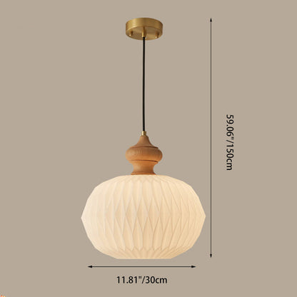 Contemporary Retro Walnut Brass Glass Round Lantern Origami Texture 1-Light Pendant Light For Dining Room