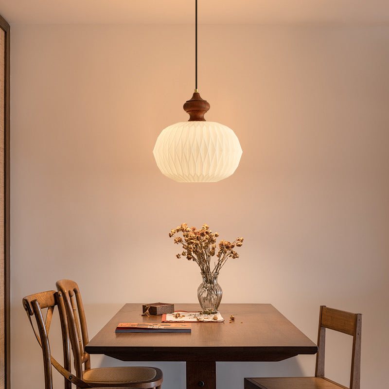Contemporary Retro Walnut Brass Glass Round Lantern Origami Texture 1-Light Pendant Light For Dining Room