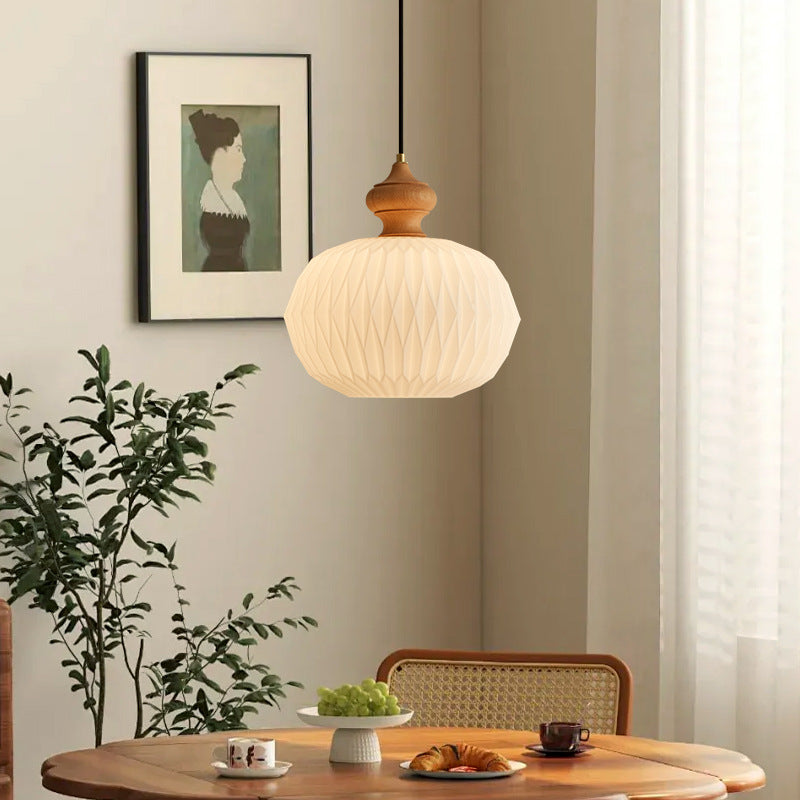 Contemporary Retro Walnut Brass Glass Round Lantern Origami Texture 1-Light Pendant Light For Dining Room