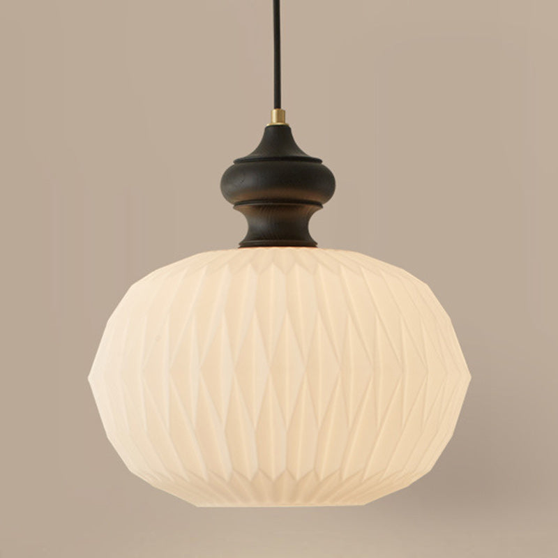 Contemporary Retro Walnut Brass Glass Round Lantern Origami Texture 1-Light Pendant Light For Dining Room