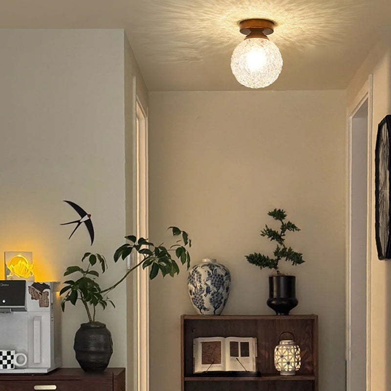 Contemporary Retro Hardware Glass Ball Ice Crack 1-Light Semi-Flush Mount Ceiling Light For Hallway