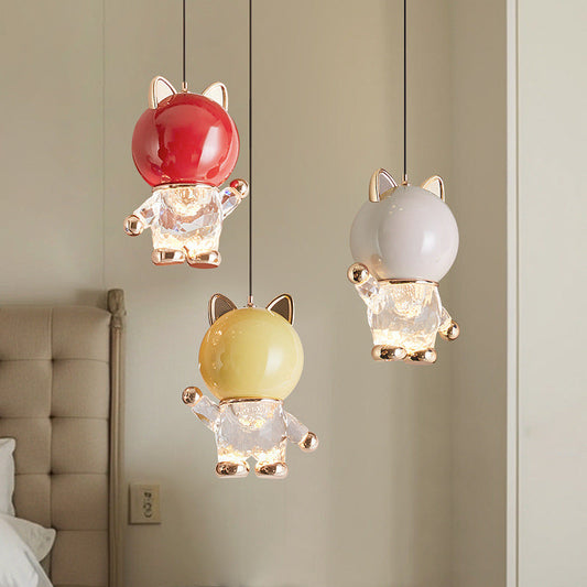 Contemporary Creative Kids Cartoon Cat Liftable Zinc Alloy Iron Acrylic LED Pendant Light For Bedside