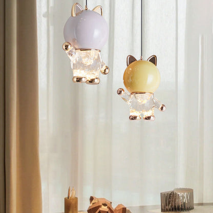 Contemporary Creative Kids Cartoon Cat Liftable Zinc Alloy Iron Acrylic LED Pendant Light For Bedside