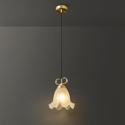Traditional French Brass Glass Floral 1-Light Pendant Light For Bedside
