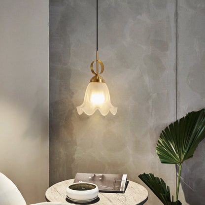 Traditional French Brass Glass Floral 1-Light Pendant Light For Bedside