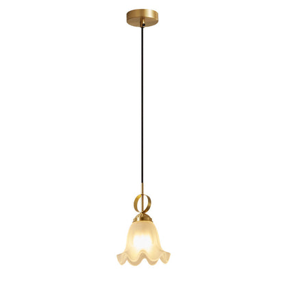Traditional French Brass Glass Floral 1-Light Pendant Light For Bedside