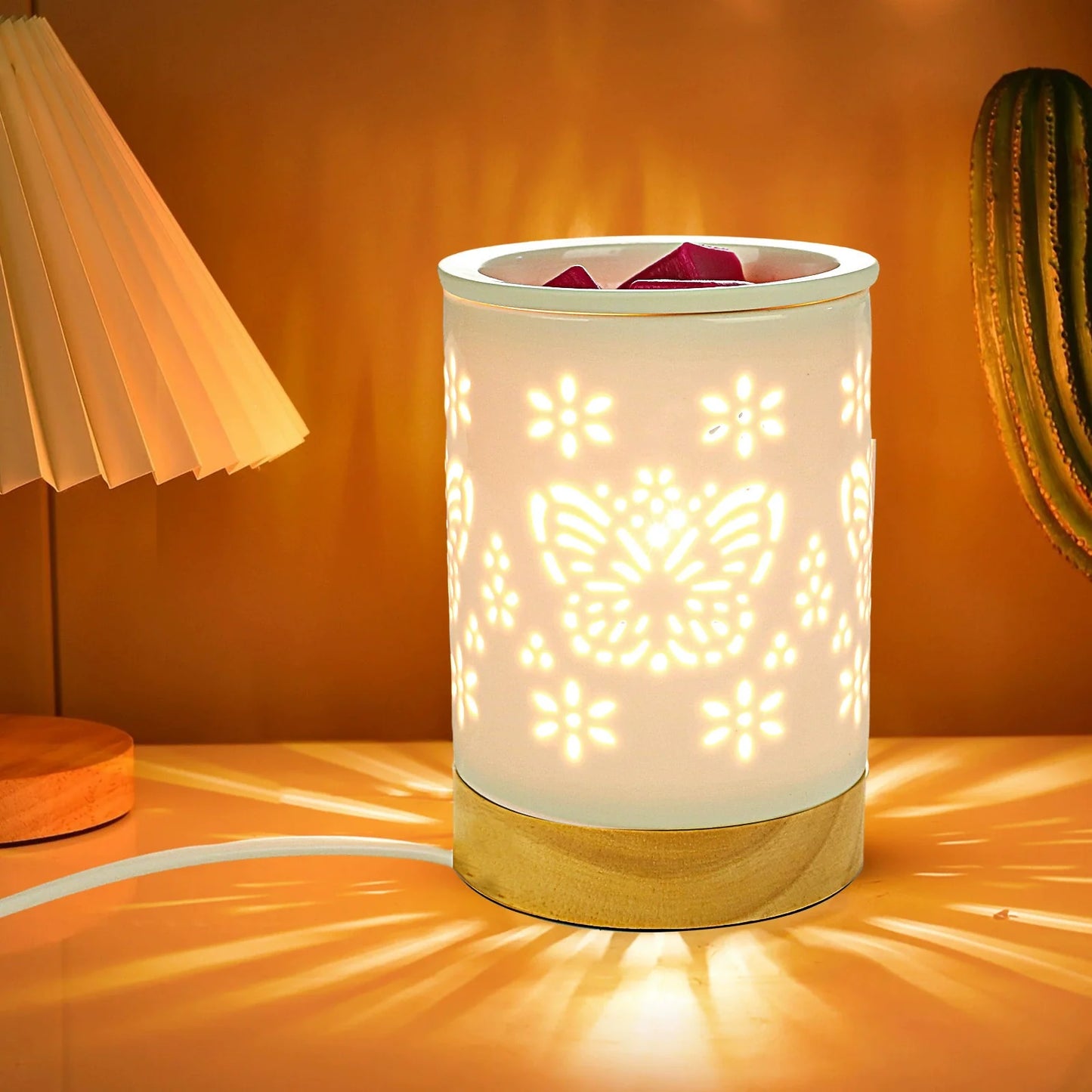 Contemporary Nordic Ceramic Wood Letter Butterfly Hollowed Cylinder 1-Light Melting Wax Table Lamp For Bedside