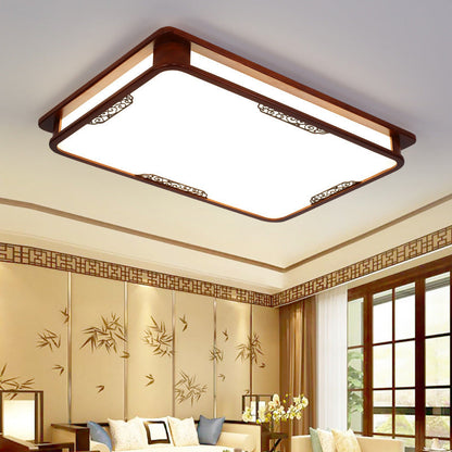 Traditional Chinese Pine Solid Wood Diffusion Plate Knot Square Rectangular LED Flush Mount Ceiling Light For Bedroom