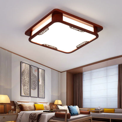 Traditional Chinese Pine Solid Wood Diffusion Plate Knot Square Rectangular LED Flush Mount Ceiling Light For Bedroom