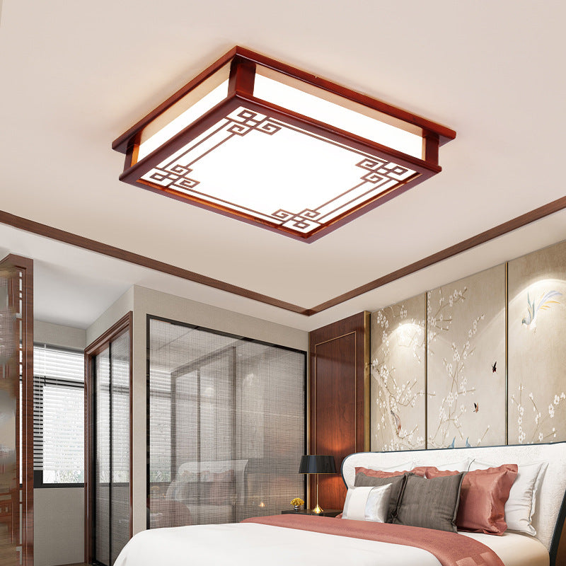 Traditional Chinese Pine Solid Wood Diffusion Plate Knot Square Rectangular LED Flush Mount Ceiling Light For Bedroom