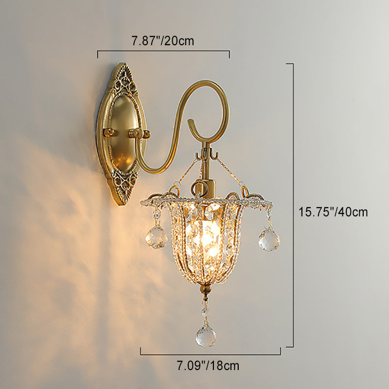Traditional European Iron Crystal Elliptical Gooseneck 1-Light Wall Sconce Lamp For Hallway
