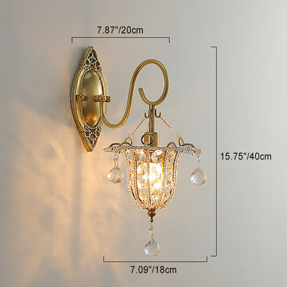 Traditional European Iron Crystal Elliptical Gooseneck 1-Light Wall Sconce Lamp For Hallway