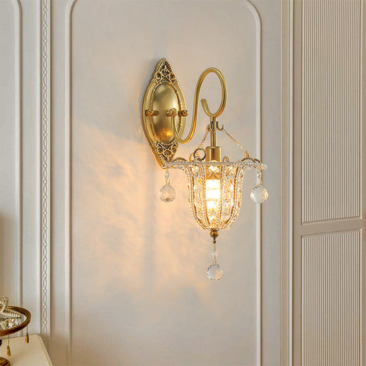 Traditional European Iron Crystal Elliptical Gooseneck 1-Light Wall Sconce Lamp For Hallway