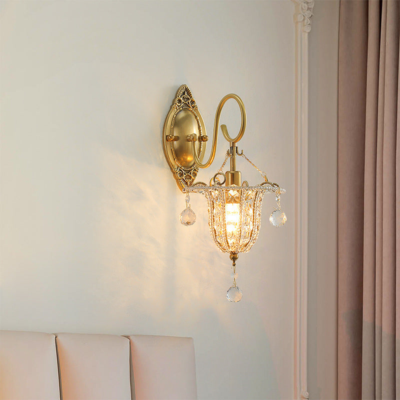 Traditional European Iron Crystal Elliptical Gooseneck 1-Light Wall Sconce Lamp For Hallway