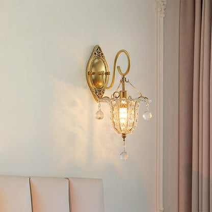 Traditional European Iron Crystal Elliptical Gooseneck 1-Light Wall Sconce Lamp For Hallway