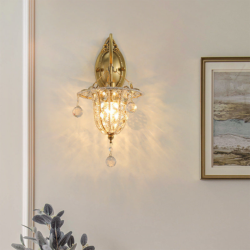 Traditional European Iron Crystal Elliptical Gooseneck 1-Light Wall Sconce Lamp For Hallway