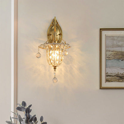 Traditional European Iron Crystal Elliptical Gooseneck 1-Light Wall Sconce Lamp For Hallway