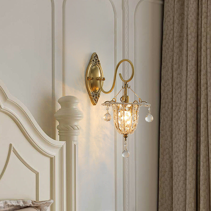 Traditional European Iron Crystal Elliptical Gooseneck 1-Light Wall Sconce Lamp For Hallway