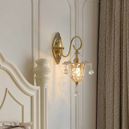 Traditional European Iron Crystal Elliptical Gooseneck 1-Light Wall Sconce Lamp For Hallway