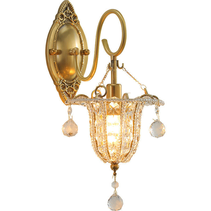Traditional European Iron Crystal Elliptical Gooseneck 1-Light Wall Sconce Lamp For Hallway