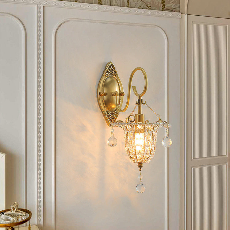 Traditional European Iron Crystal Elliptical Gooseneck 1-Light Wall Sconce Lamp For Hallway