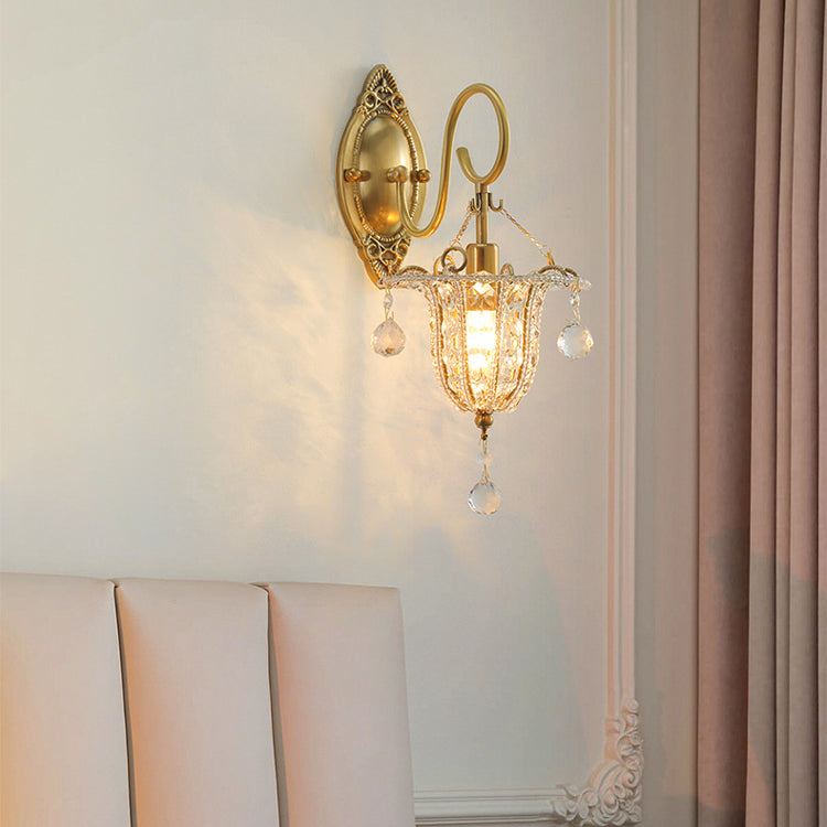 Traditional European Iron Crystal Elliptical Gooseneck 1-Light Wall Sconce Lamp For Hallway