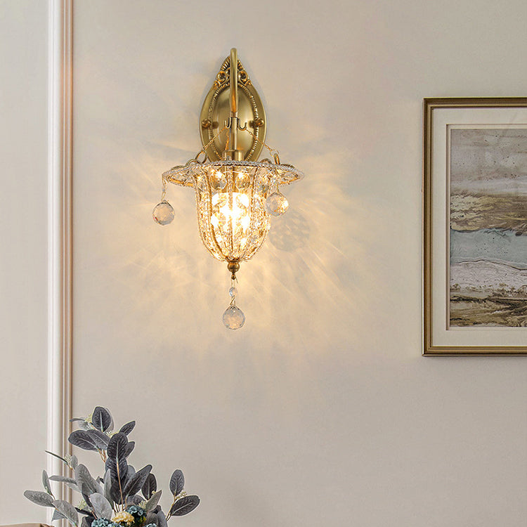 Traditional European Iron Crystal Elliptical Gooseneck 1-Light Wall Sconce Lamp For Hallway