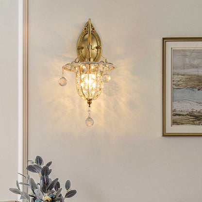 Traditional European Iron Crystal Elliptical Gooseneck 1-Light Wall Sconce Lamp For Hallway