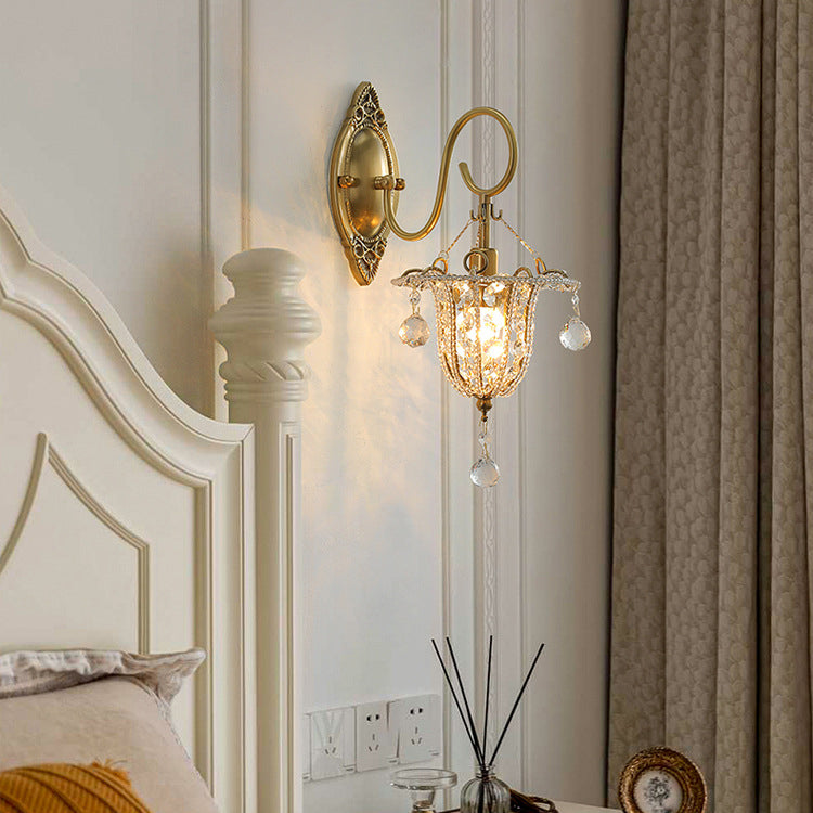 Traditional European Iron Crystal Elliptical Gooseneck 1-Light Wall Sconce Lamp For Hallway
