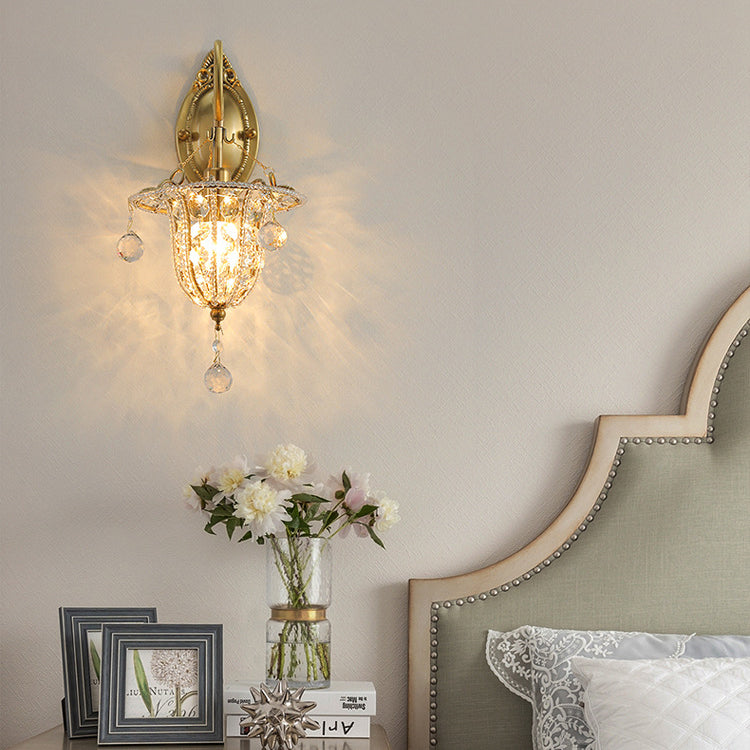 Traditional European Iron Crystal Elliptical Gooseneck 1-Light Wall Sconce Lamp For Hallway