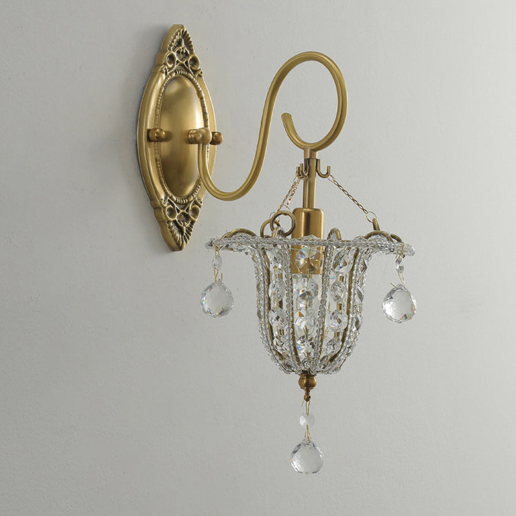 Traditional European Iron Crystal Elliptical Gooseneck 1-Light Wall Sconce Lamp For Hallway
