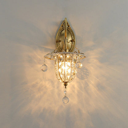 Traditional European Iron Crystal Elliptical Gooseneck 1-Light Wall Sconce Lamp For Hallway