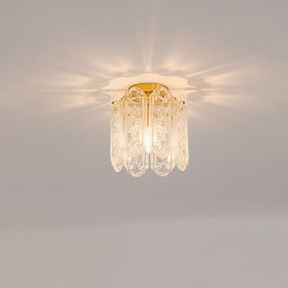 Traditional French Iron Glass Embossed Floral Drum 1-Light Semi-Flush Mount Ceiling Light For Hallway