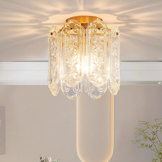 Traditional French Iron Glass Embossed Floral Drum 1-Light Semi-Flush Mount Ceiling Light For Hallway