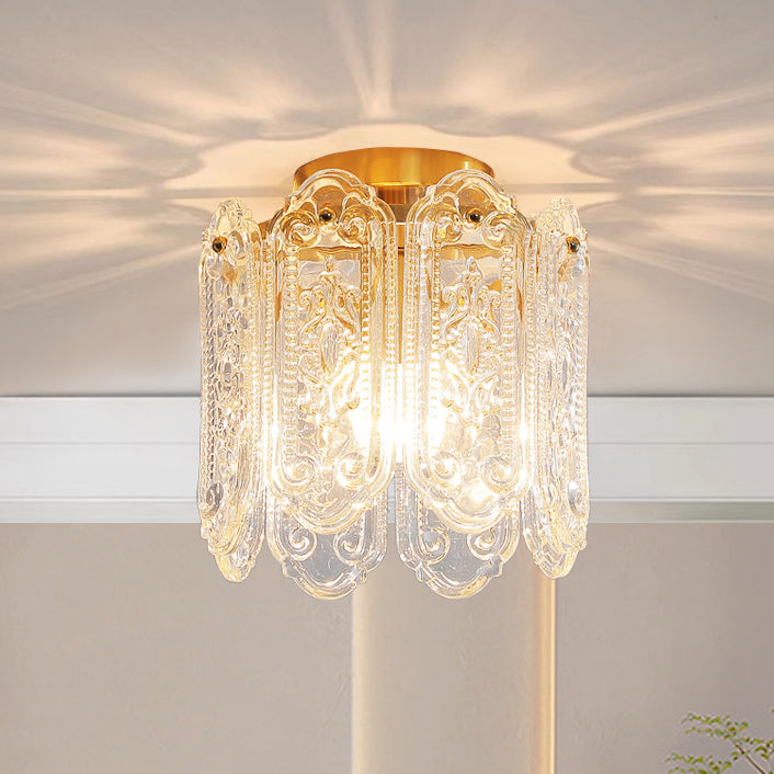 Traditional French Iron Glass Embossed Floral Drum 1-Light Semi-Flush Mount Ceiling Light For Hallway