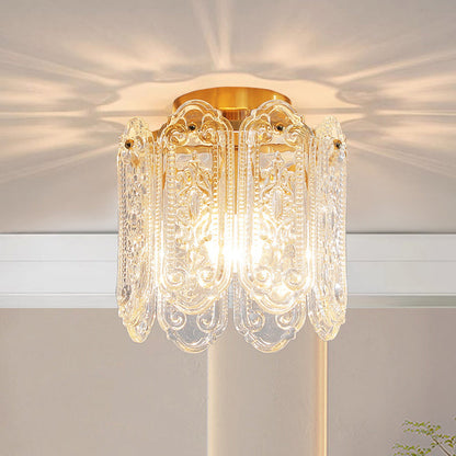 Traditional French Iron Glass Embossed Floral Drum 1-Light Semi-Flush Mount Ceiling Light For Hallway