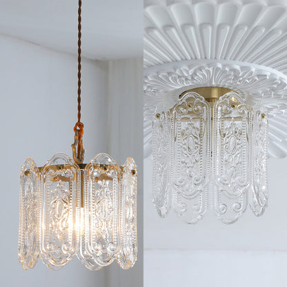 Traditional French Iron Glass Embossed Floral Drum 1-Light Semi-Flush Mount Ceiling Light For Hallway