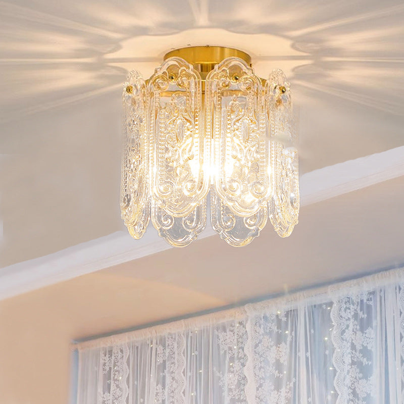 Traditional French Iron Glass Embossed Floral Drum 1-Light Semi-Flush Mount Ceiling Light For Hallway